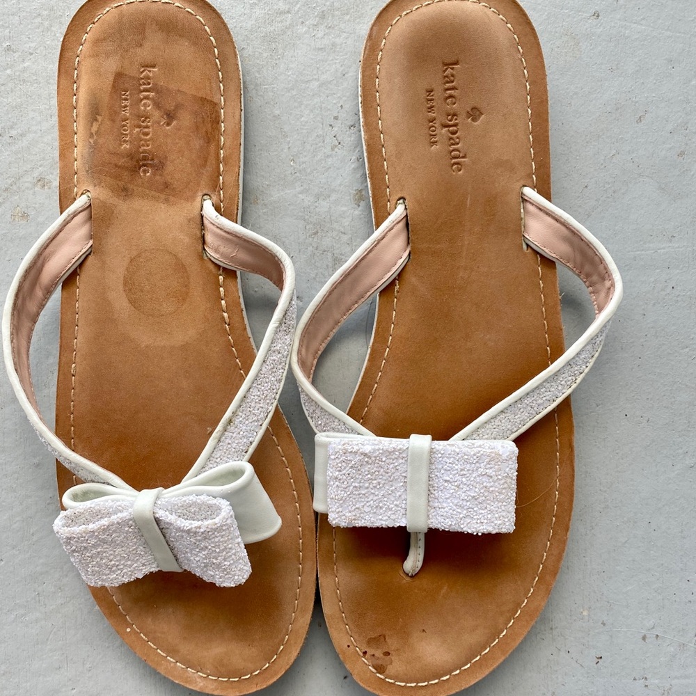 White glitter bow Kate spade sandals